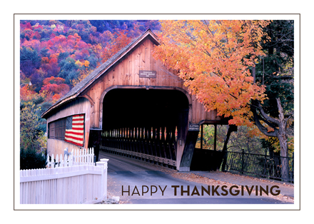 Covered Bridge and American Flag Thanksgiving Card